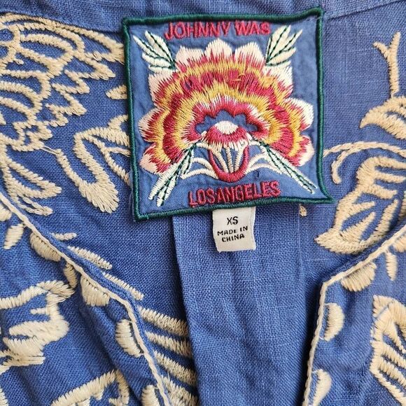 Johhny Was Dress Womens XS 100% Linen Embroidered Floral Birds Boho Oversized - Picture 6 of 7